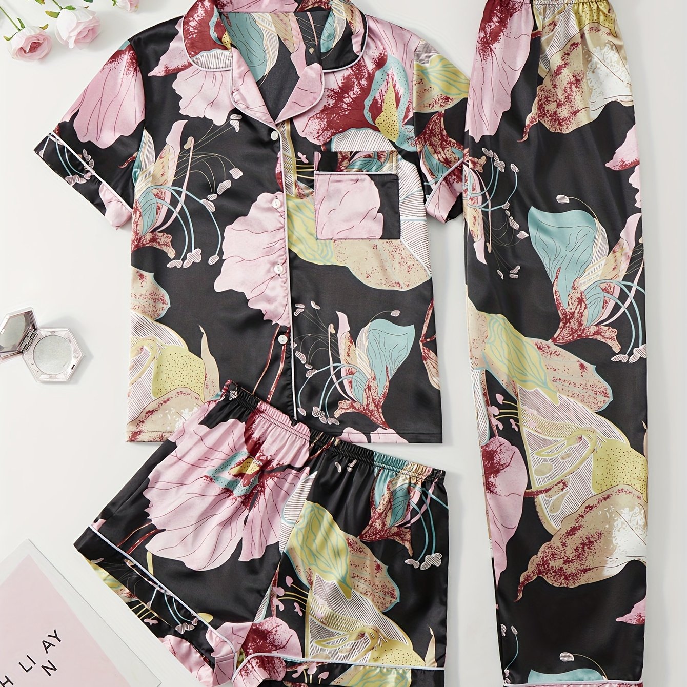Floral Pajamas Set Short Sleeve Top & Shorts & Pants
