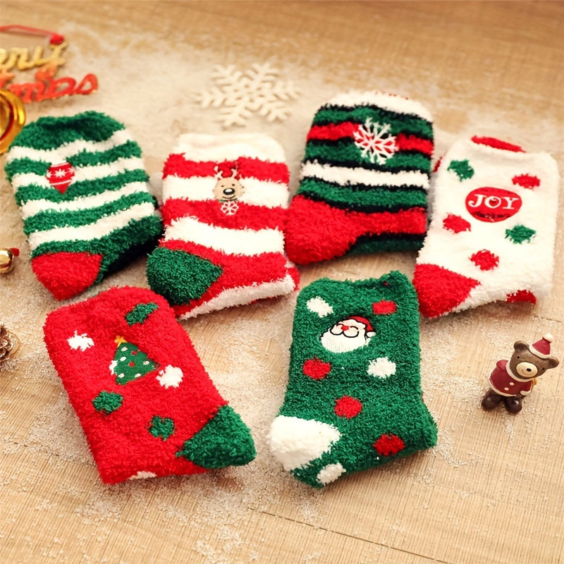 6 Pairs Christmas Print Socks Comfy & Fuzzy Women's Stockings