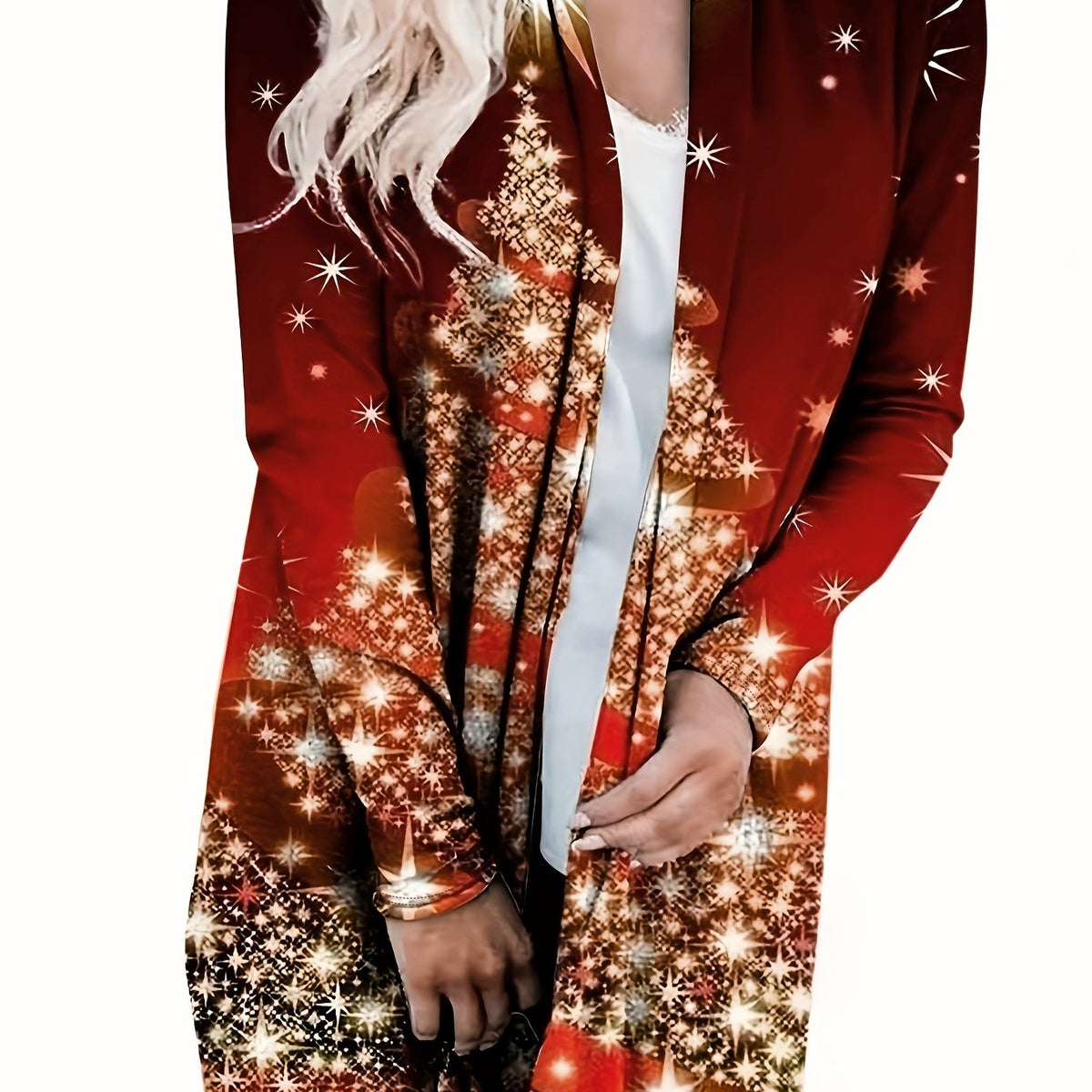  Christmas Cardigan Women's Tree Print Open Front Cardigan