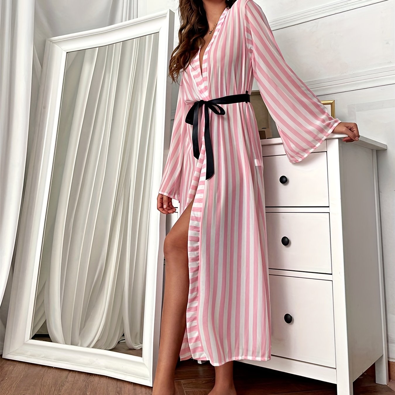 Striped Mesh Night Robe V Neck Robe With Belt Women's Lingerie