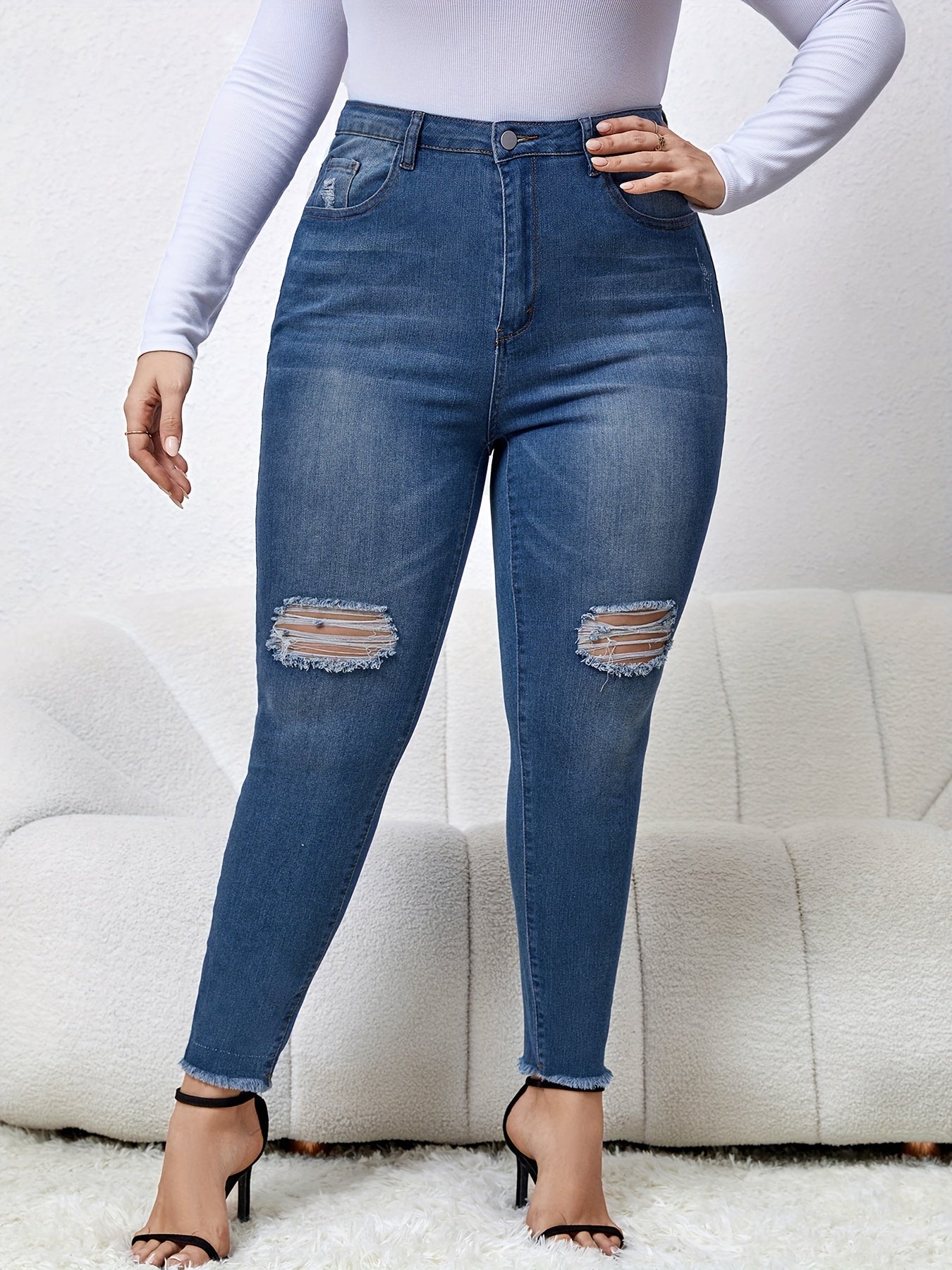  Casual Jeans Women's Plus Washed Ripped Button Fly High Stretch Jeans