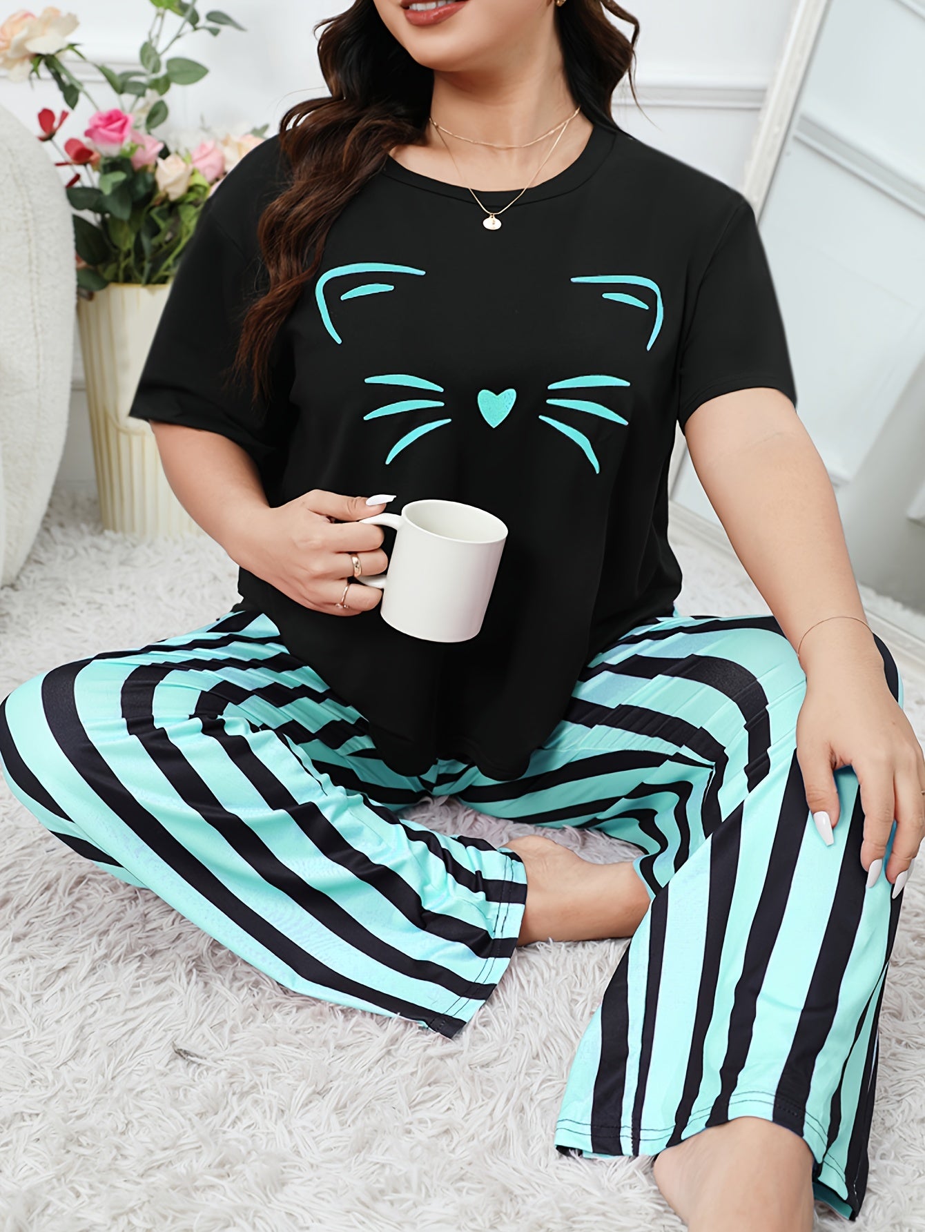  Cat Print Tee & Striped Pants Lounge Set