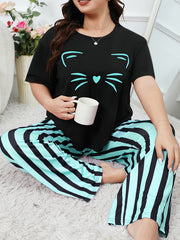  Cat Print Tee & Striped Pants Lounge Set