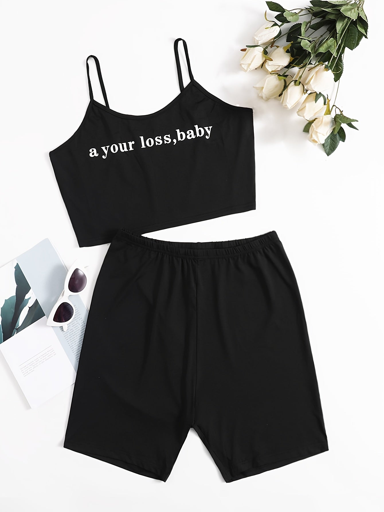  Slogan Print Crop Cami Top & Shorts Set