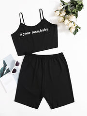  Slogan Print Crop Cami Top & Shorts Set