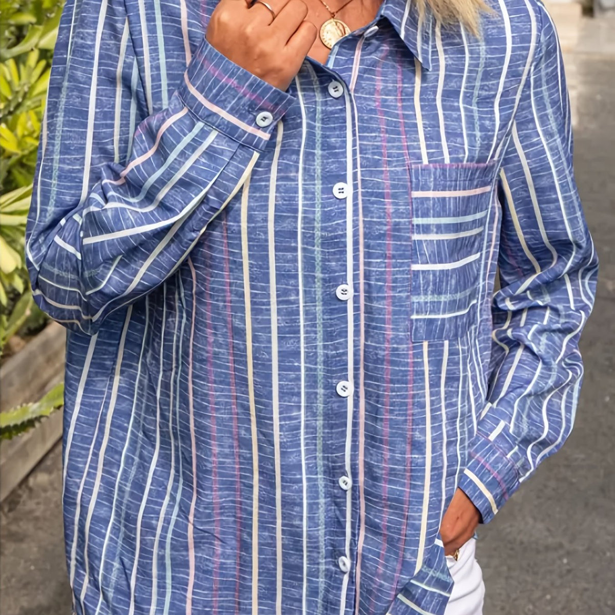 Stripe Print Button Up Long Sleeve Blouse