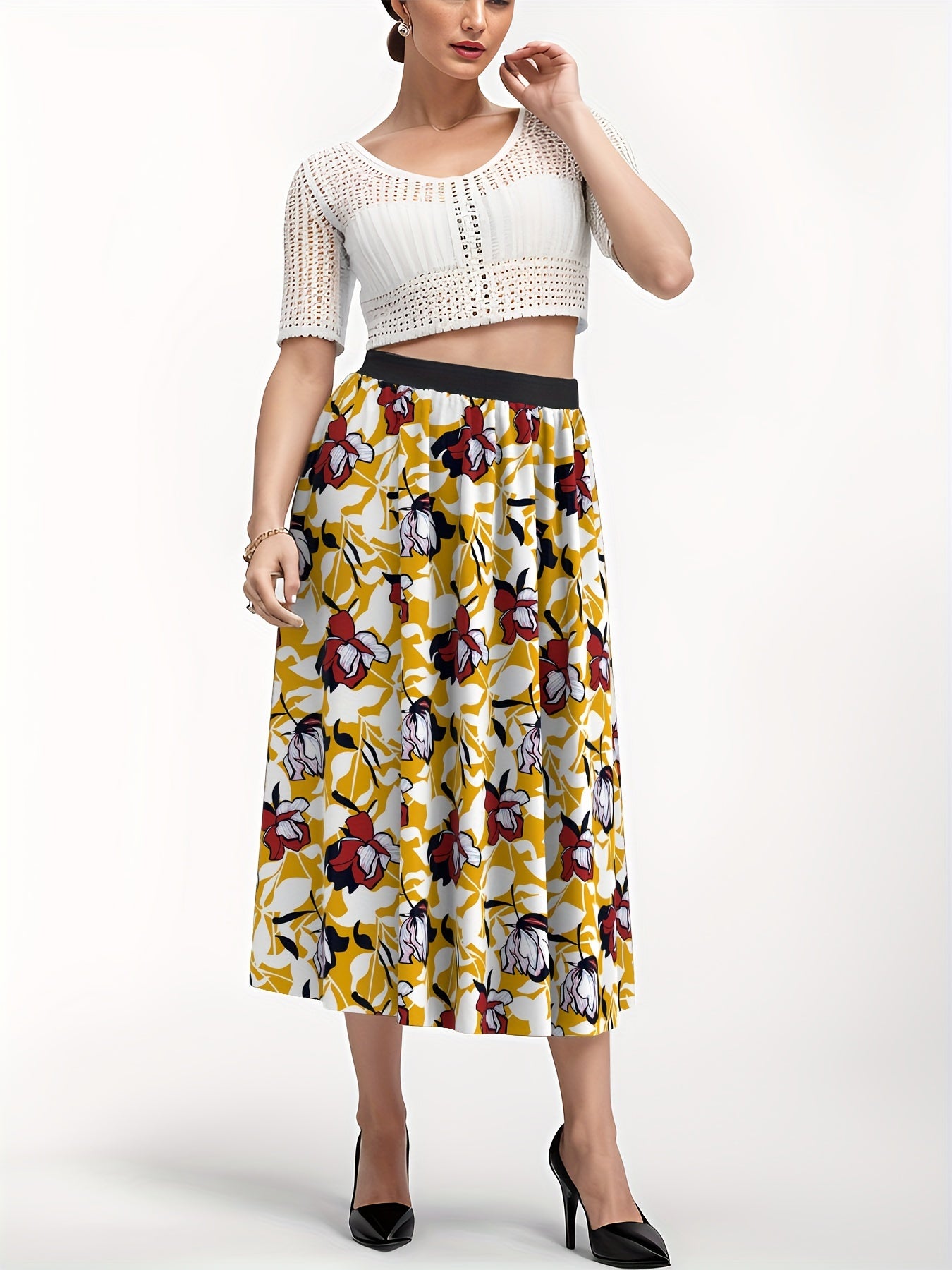  Women's Floral Print High Waist A line Skirt