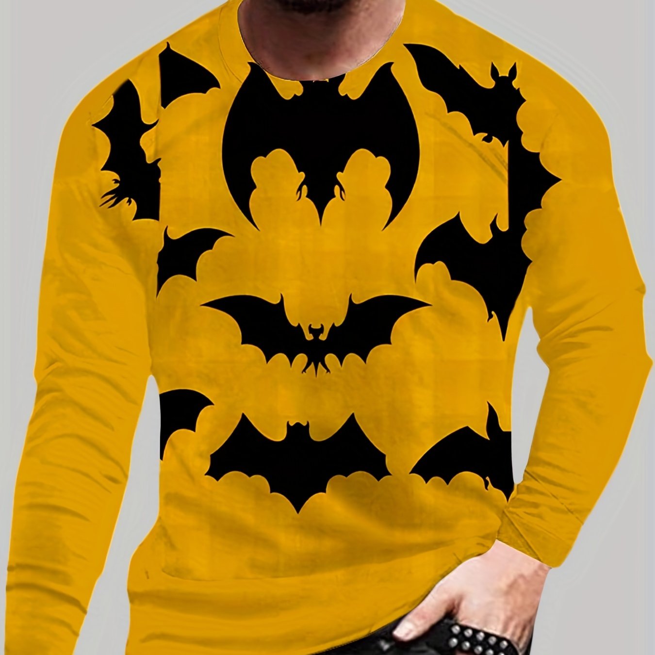 Halloween Series Bat Pattern Print Men's Graphic Crew Neck Long Sleeves T shirt
