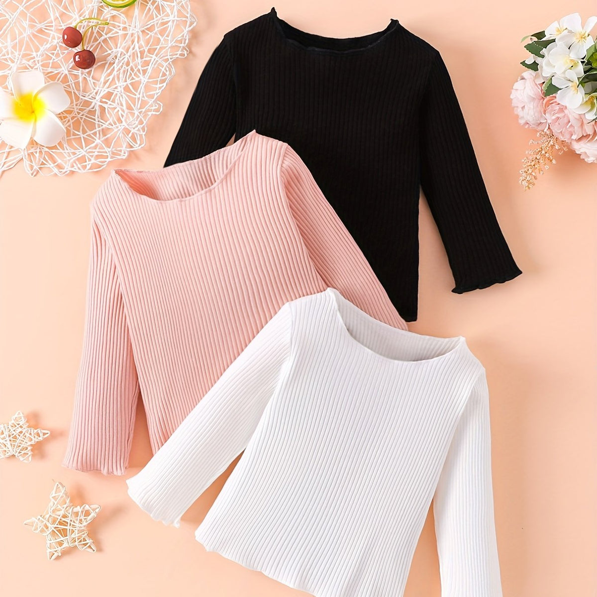3pcs Girls Long Sleeve Ribbed Knit Ruffle Tops Blouse Sweater Set