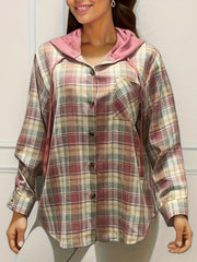  Plaid Print Long Sleeve Button Up Drawstring Hooded Shacket