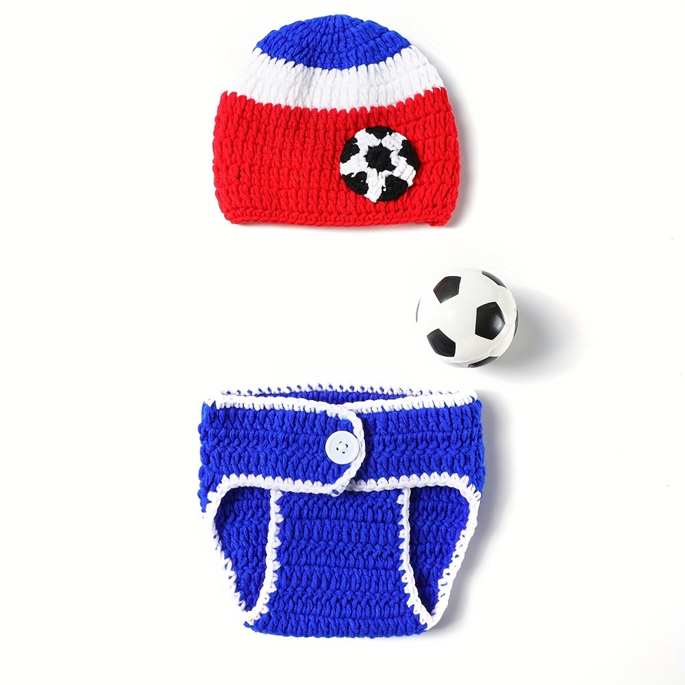 Newborn Baby Football Suit Photography Props Baby Hand knitted Hat Shorts Ball