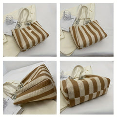 Colorblock Woven Beach Bag Striped Shoulder Tote for Travel