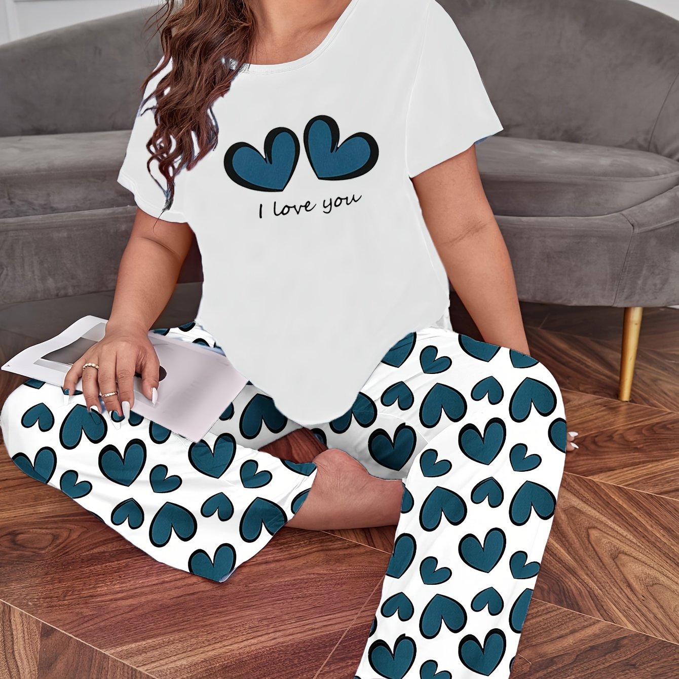  Casual Pajamas Set Women's Plus Slogan & Heart Pattern