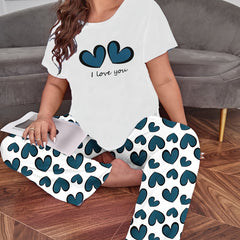  Casual Pajamas Set Women's Plus Slogan & Heart Pattern