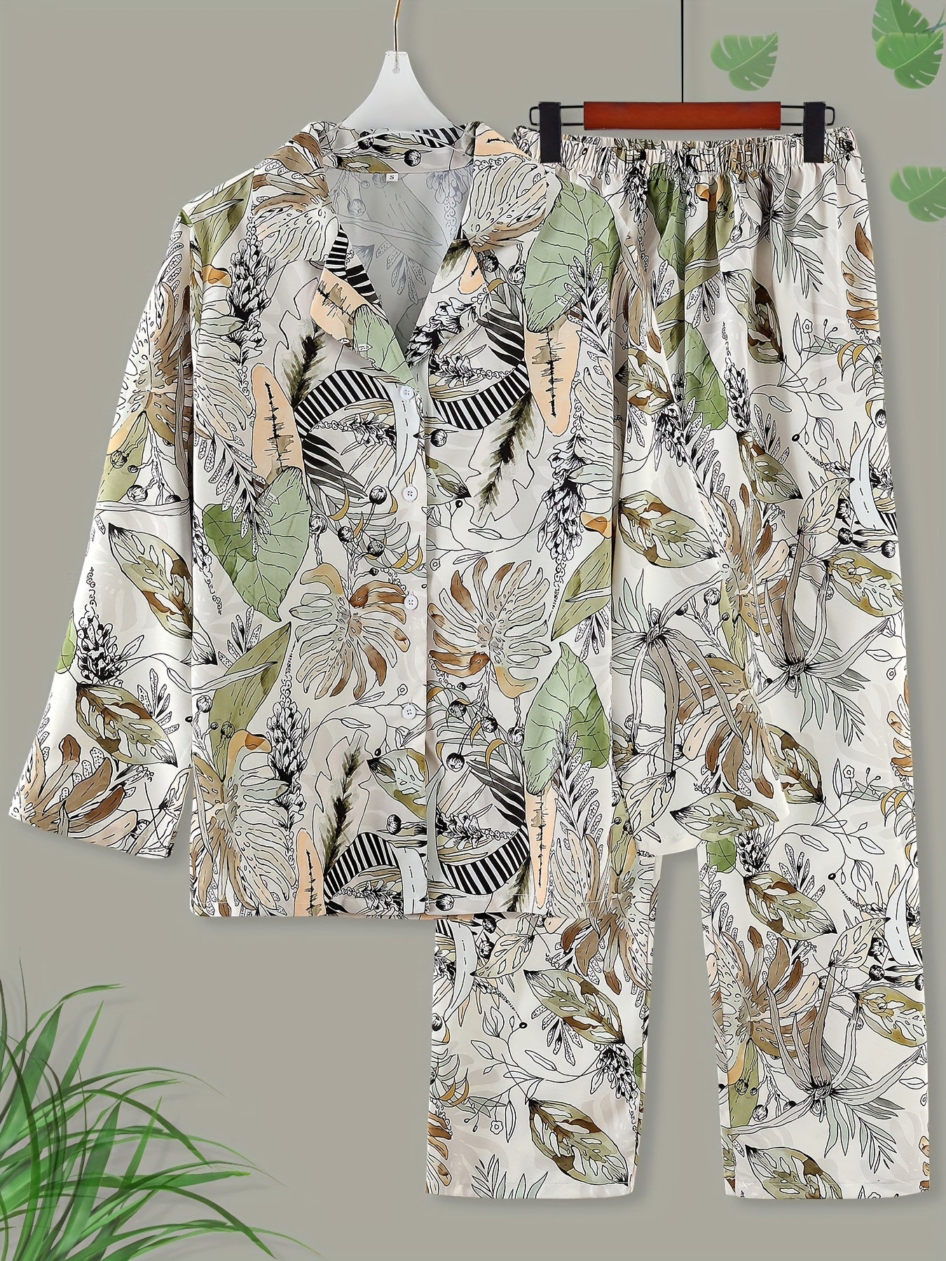 Floral Print Pajama Set Long Sleeve Buttons Top & Elastic Waistband Pants