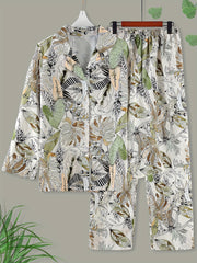 Floral Print Pajama Set Long Sleeve Buttons Top & Elastic Waistband Pants