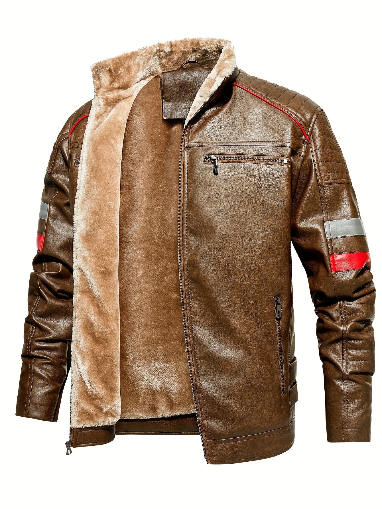 Men's Casual Fleece PU Leather Jacket Stand Collar Biker Jacket