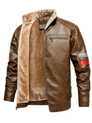 Men's Casual Fleece PU Leather Jacket Stand Collar Biker Jacket