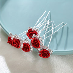 6pcs Rose & Rhinestone Hair Pins Bridal Wedding Headwear