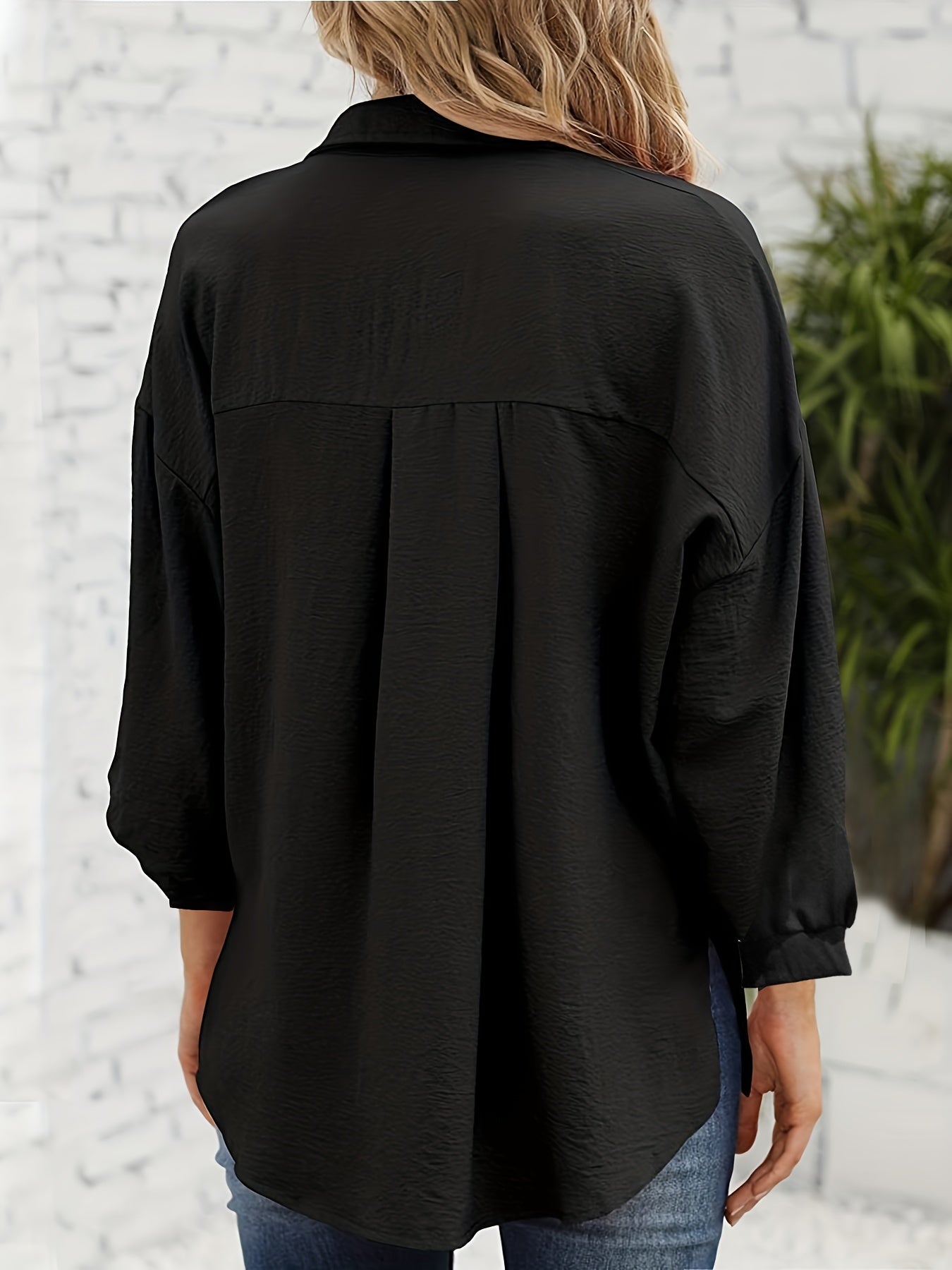  Lantern Sleeve Turn Down Collar Tunic Blouse