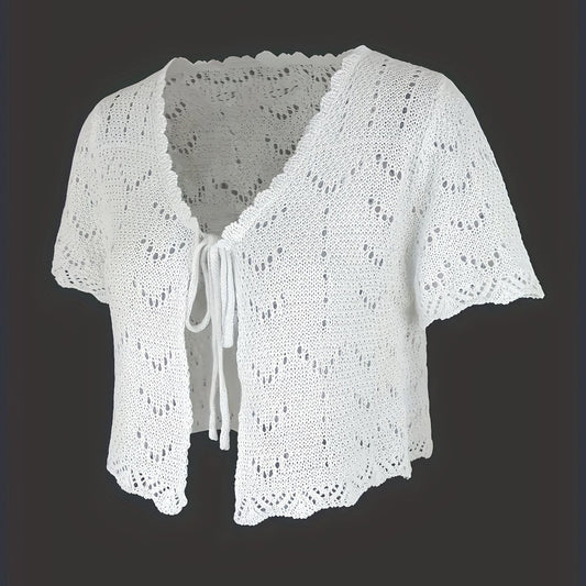  Solid Pointelle Scallop Trim Short Sleeve V Neck Crop Cardigan
