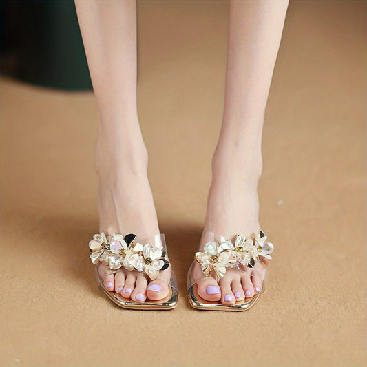 Women's Square Open Toe Rhinestone Flower Chunky Heels Sandals