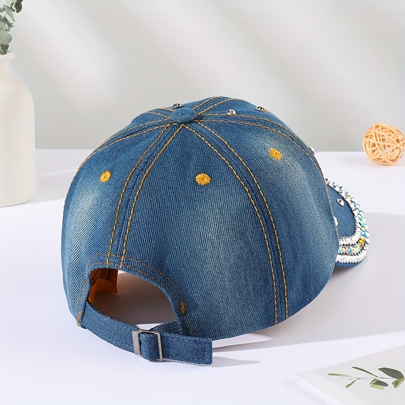 Dragonfly Patch Denim Baseball Cap Rhinestone Washed Distressed Dad Hat