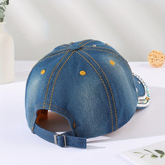 Dragonfly Patch Denim Baseball Cap Rhinestone Washed Distressed Dad Hat