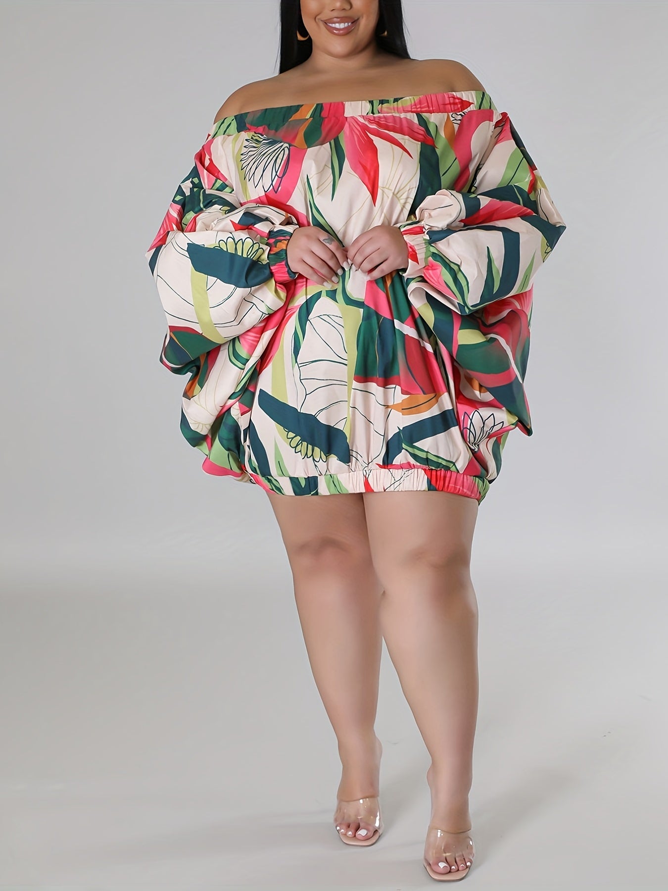  Dress Women's Plus Leaf Print Off Shoulder Long Sleeve Dress