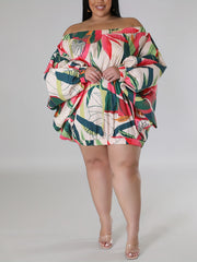  Dress Women's Plus Leaf Print Off Shoulder Long Sleeve Dress