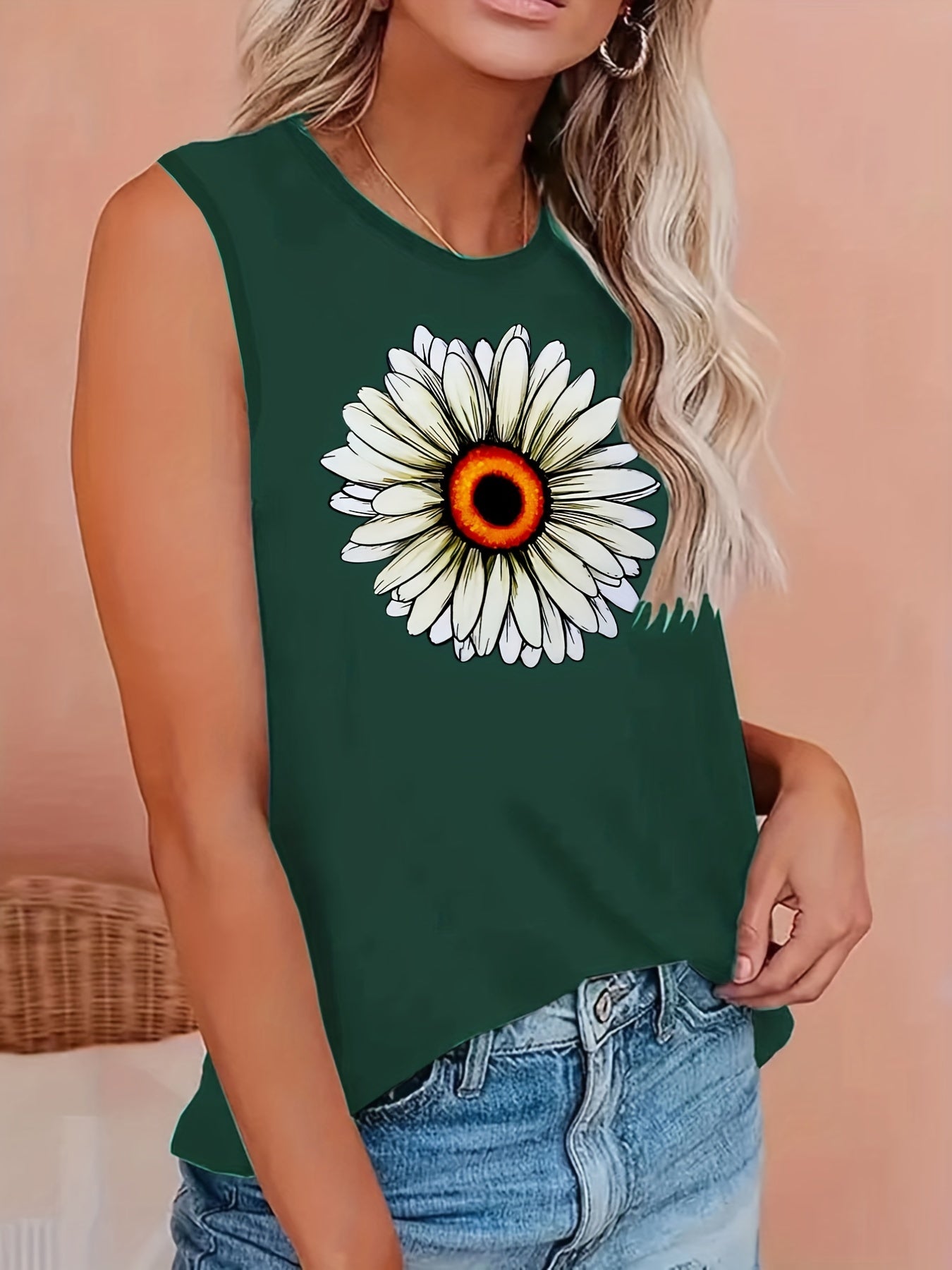  Sunflower & Slogan Print Tank Top