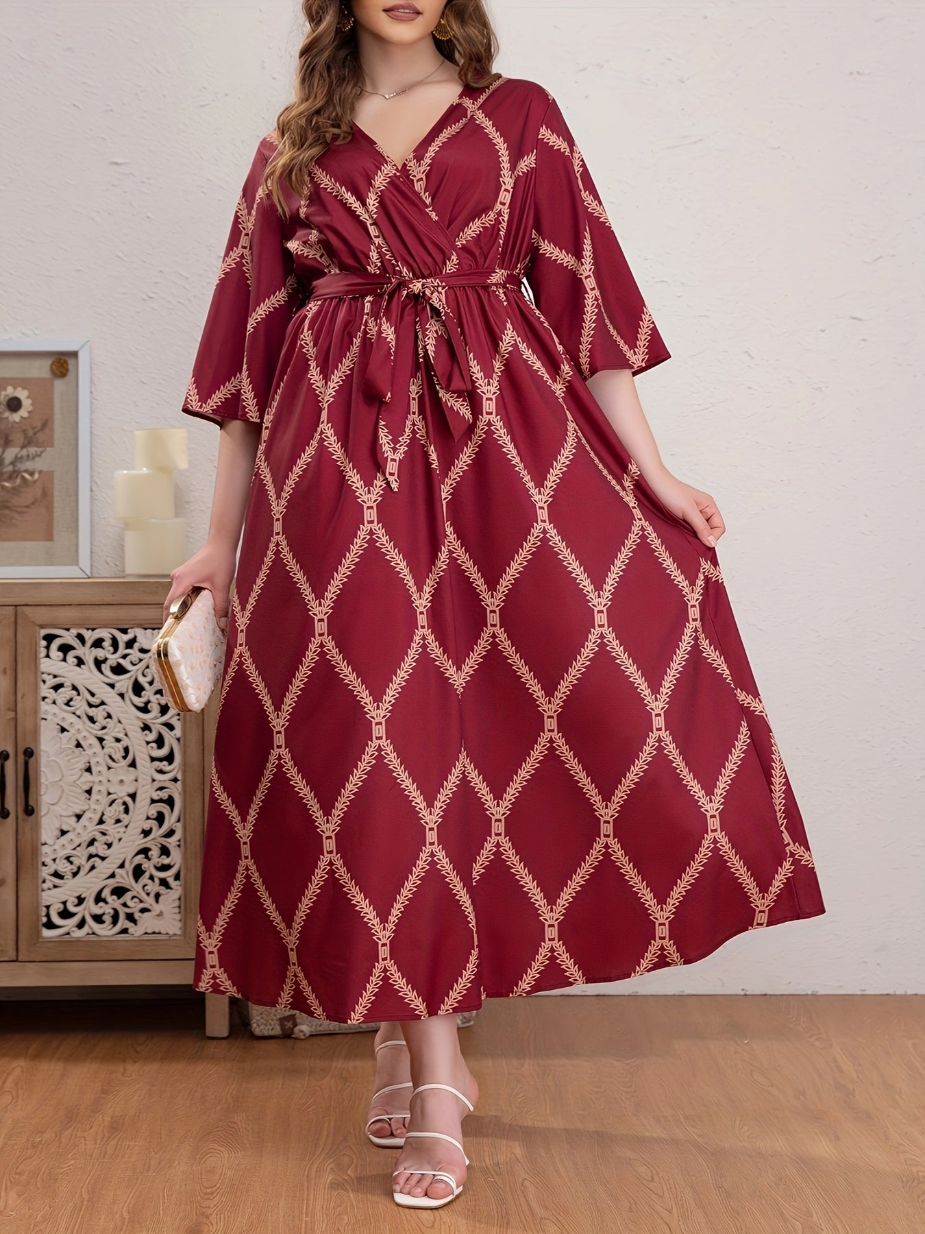  Boho Abaya Dress Women's Plus Argyle Print Three Quarter Sleeve