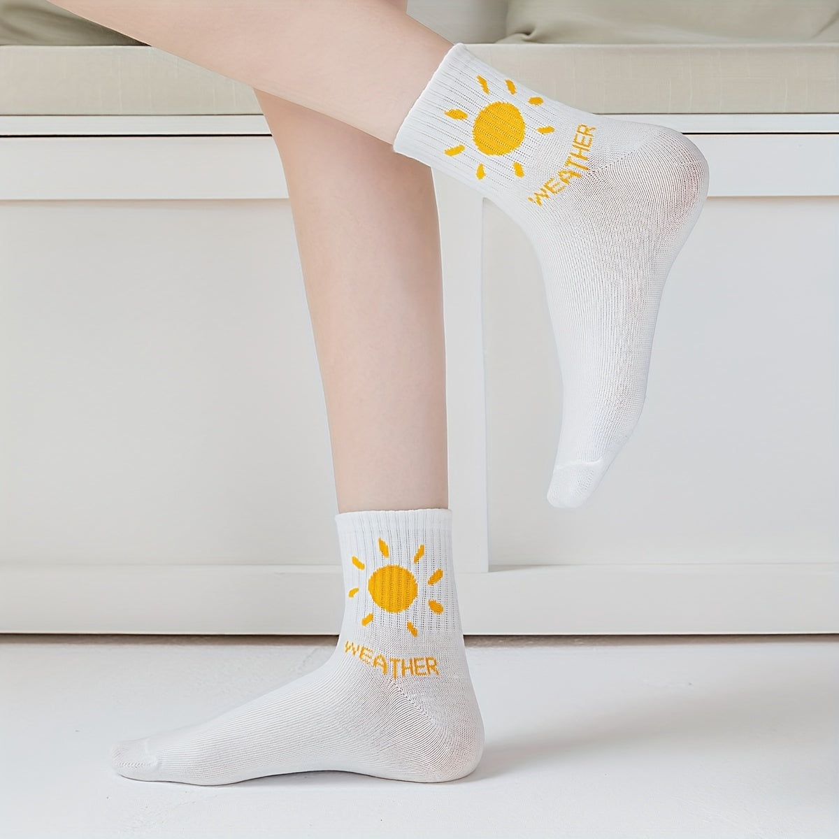 5 Pairs Cartoon Weather Print Socks Women's Mid Tube Stockings