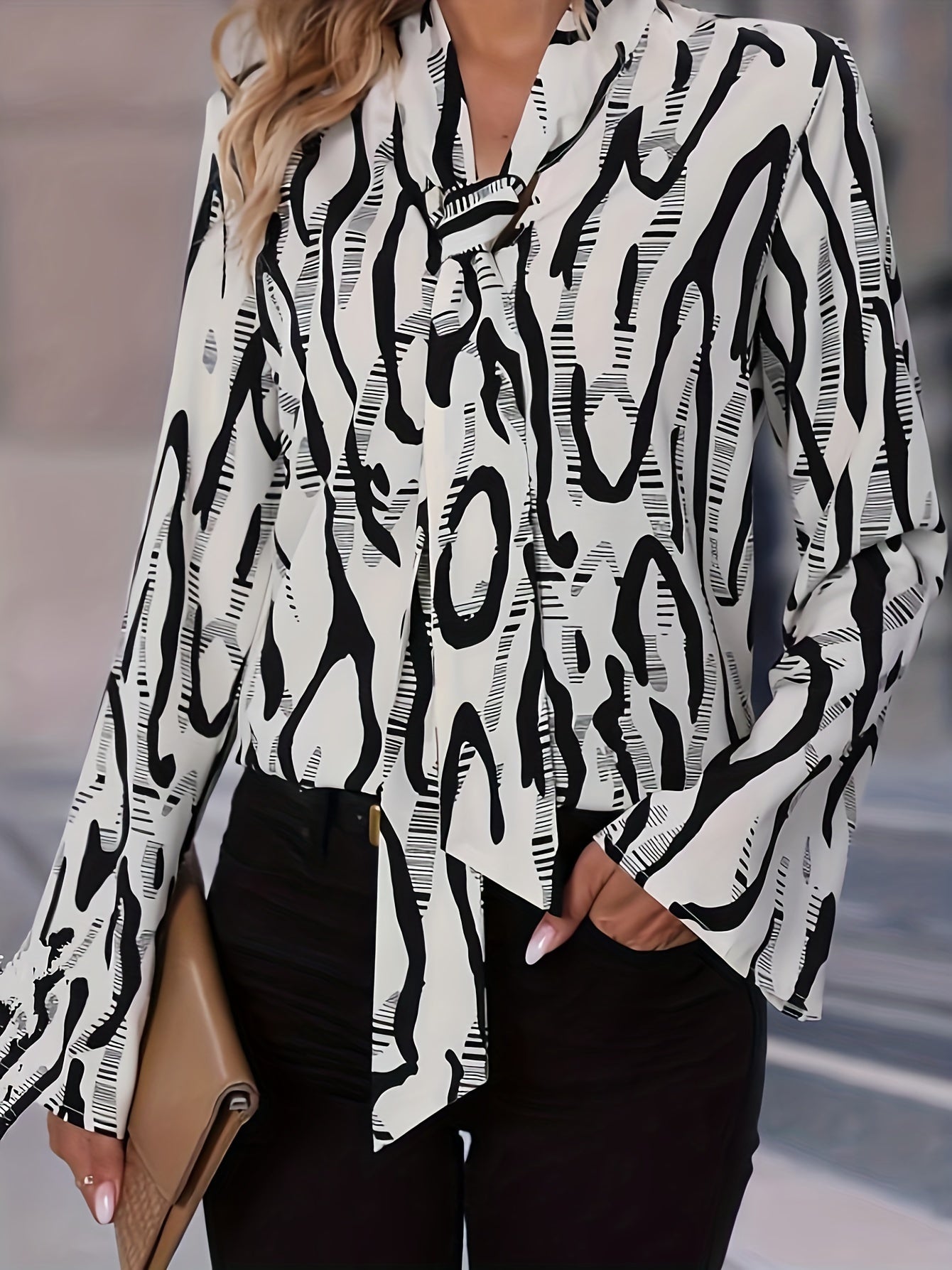  Abstract Stripe Print Long Sleeve Tie Neck Blouse