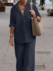  Solid T Shirt & Wide Leg Pants Two Piece Set
