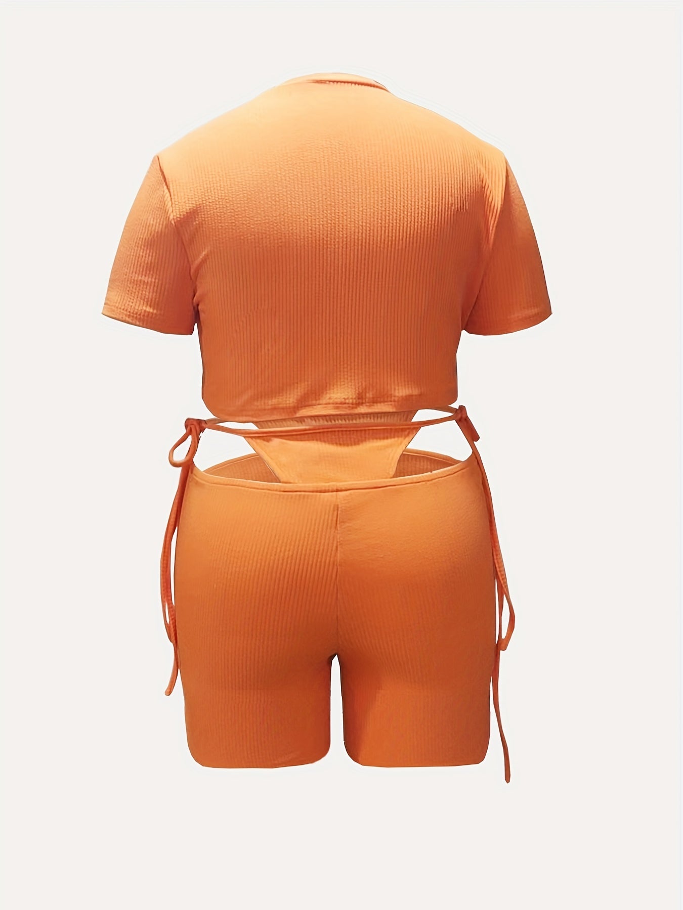  Ribbed Crop Top & Cut Out Tie Shorts Set