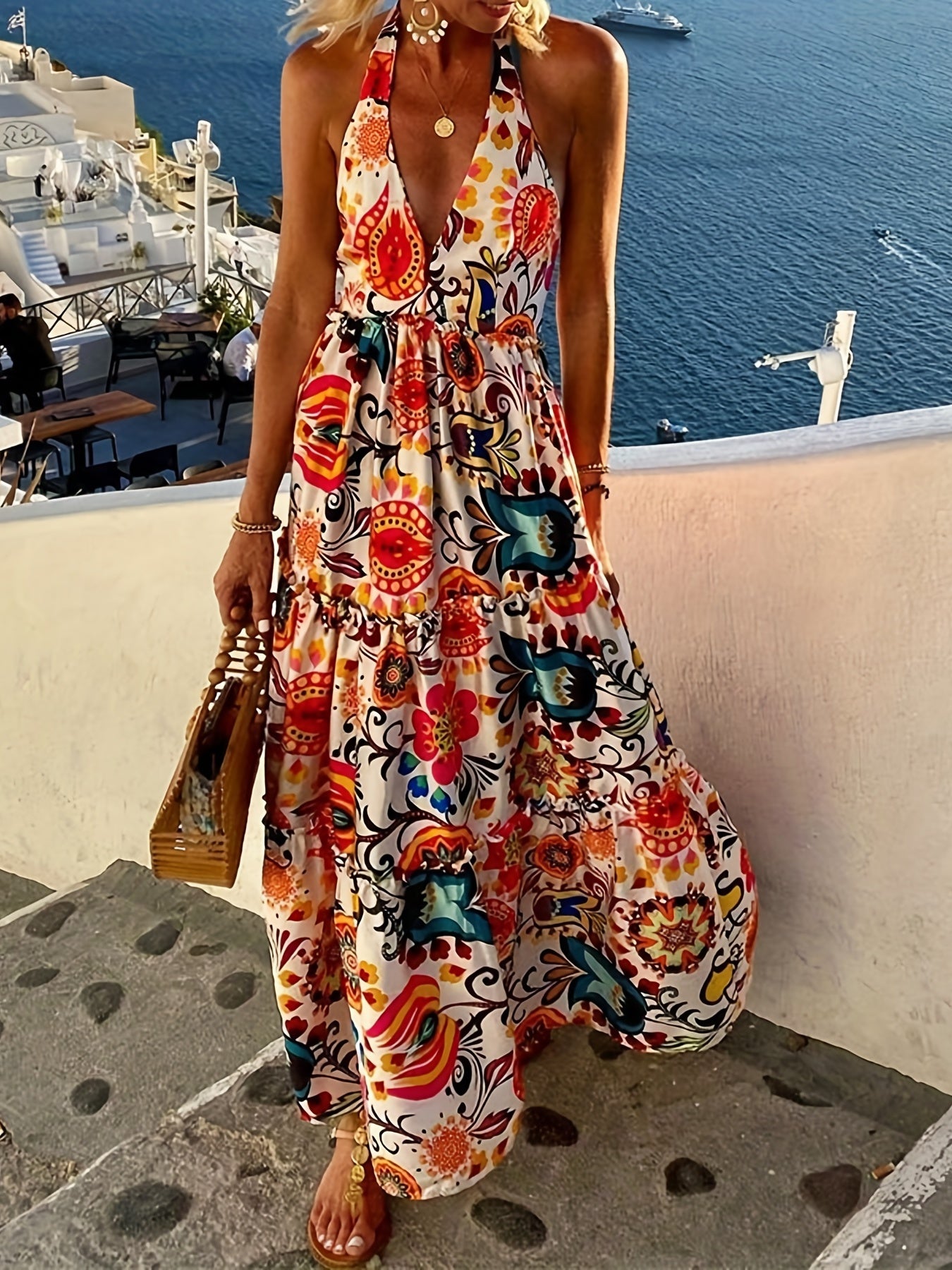  Boho Dress Allover Print Off Shoulder Backless Halter Neck