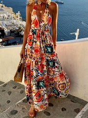  Boho Dress Allover Print Off Shoulder Backless Halter Neck