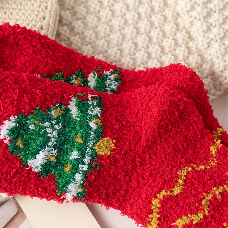 5 Pairs Christmas Pattern Socks Comfy & Fuzzy Crew Socks Women's Stockings