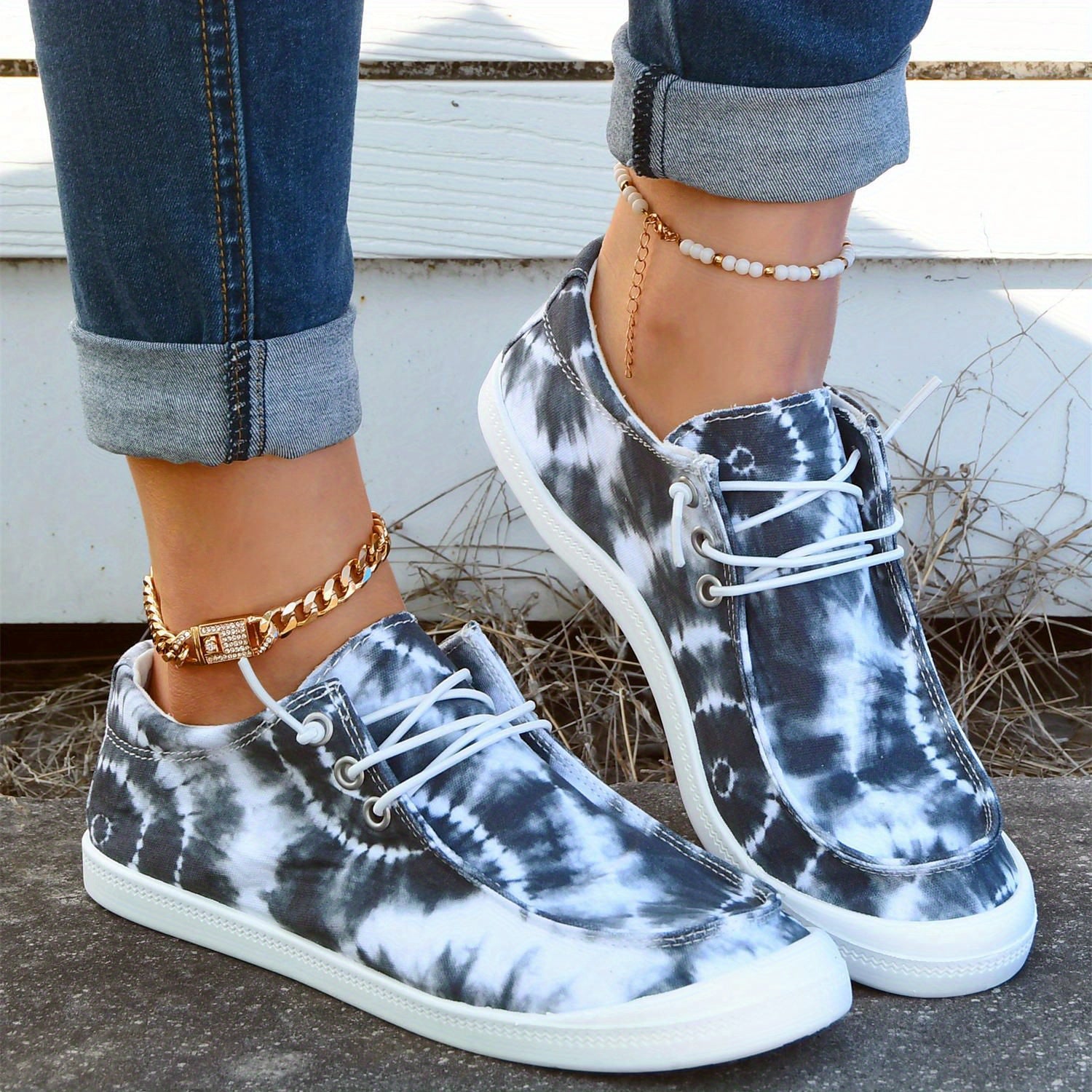 Women's Tie Dye Canvas Shoes Round Toe Lace Up Comfy Slip On Shoes