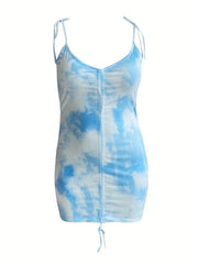  Tie Dye Tie Shoulder Drawstring Mini Cami Dress