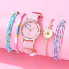 5pcs Pink Girls Quartz Watch Set