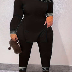  Long Sleeve One Shoulder Split Top & Leggings Two Piece Set