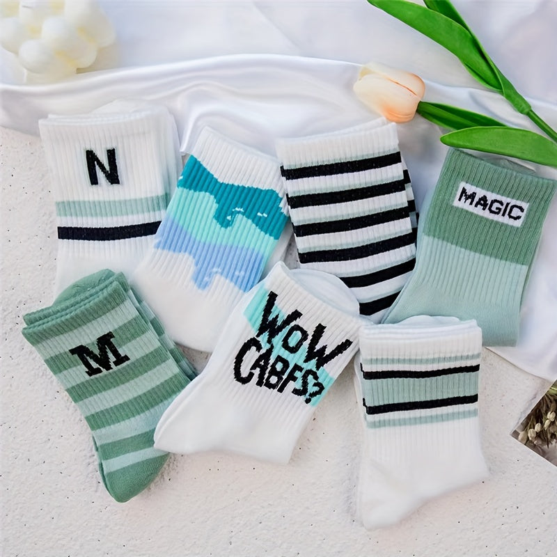 Letter & Stripe Print Socks Women's Mid Tube Stockings