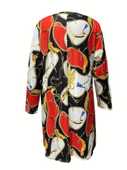  Colorblock Chain Print Long Sleeve V Neck Dress