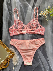 Floral Embroidery Lingerie Set Mesh Bra & Panties