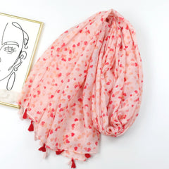 Pink Heart Print Tassel Scarf Shawl Head Wrap Sunscreen Travel Beach Towel