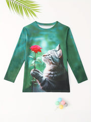 Cartoon Kitty & Rose Flower Long Sleeve T shirt Girls Spring Fall