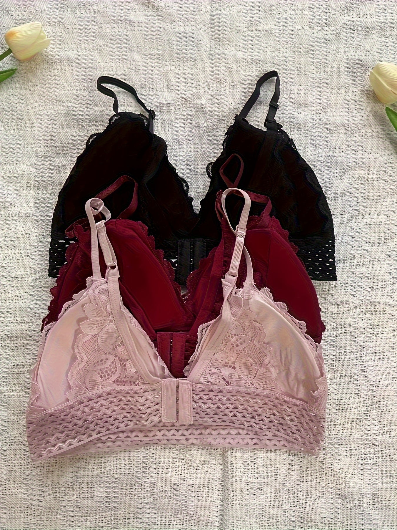 3pcs Lace Wireless Bras Breathable Stretch Intimates Lingerie