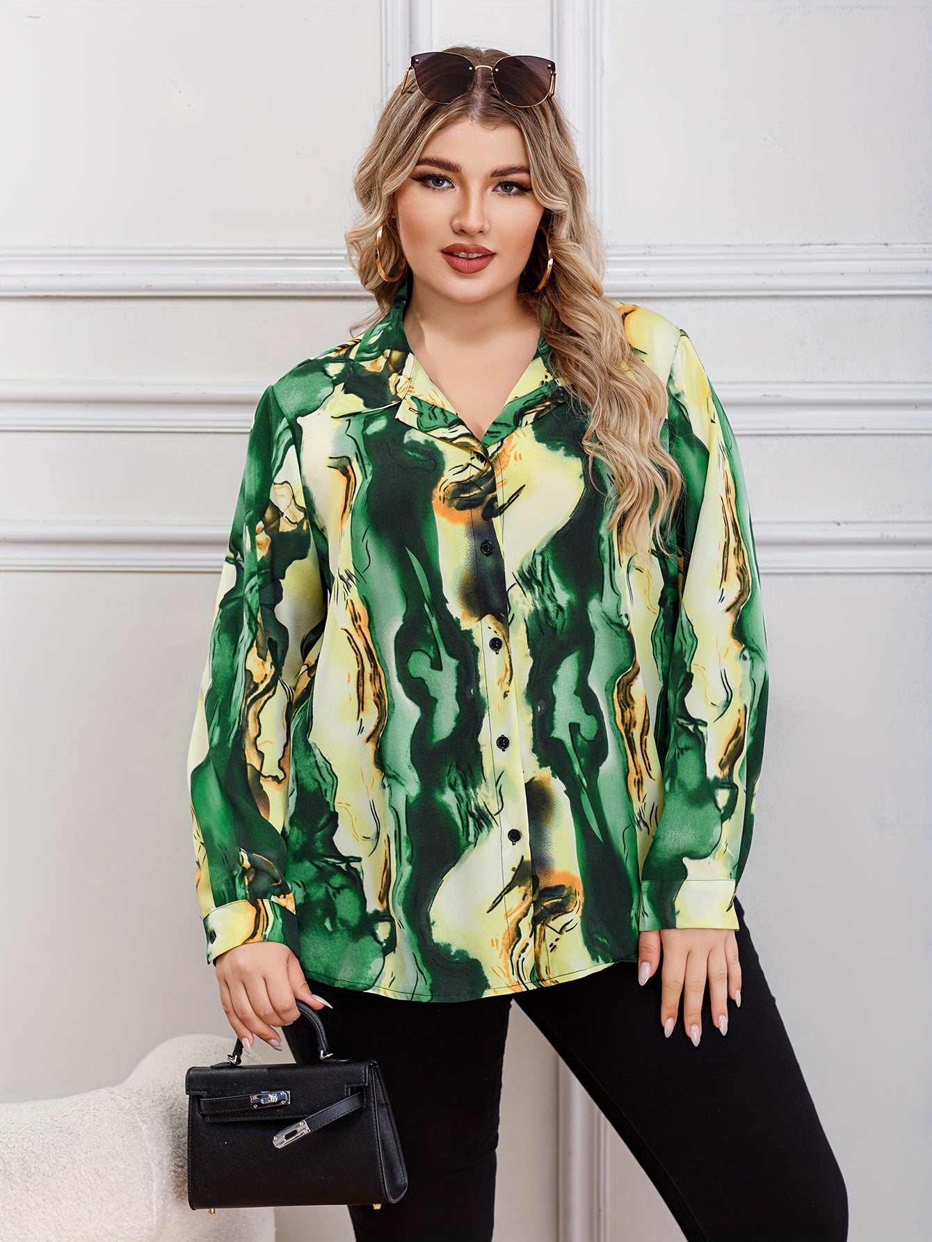 Women's Plus Marble Print Button Up Shirt Top